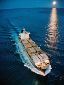 cargo ship night sea, aerial view, photo taken in 1999  at dark night