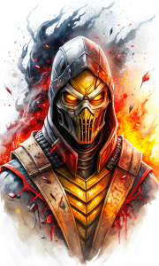 scorpion from Mortal Kombat, skull face, hot white dull lifeless eyes, very scary character, close-up, ink artistic conception, with typography elements, abstract, complementary colors, mosaic of characters, wallpaper style, simplicity, Chinese painting, white background