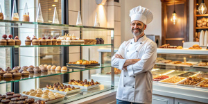 A satisfied cook in a pastry shop stands on the edge to the right