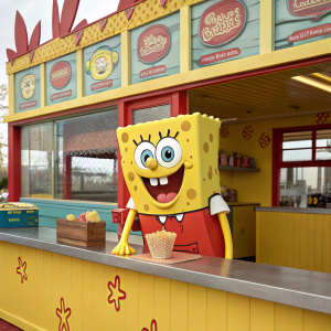 Illustration of SpongeBob SquarePants at the Krusty Krab. Bright colors and playful design.