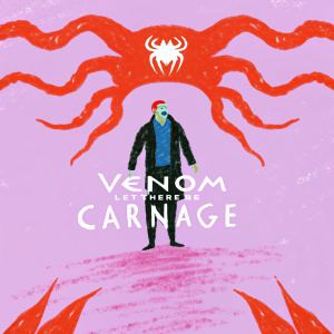 Promotional billboard for 'Venom: Let There Be Carnage'. Dark, eerie scene with characters in menacing poses. Main actor with intense expression. Supporting cast with alien creature looming in background.