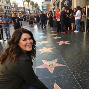 Lauren Graham in a candid shot at the Hollywood Walk of Fame. Poses by the star-studded sidewalk. Background is bustling crowd.