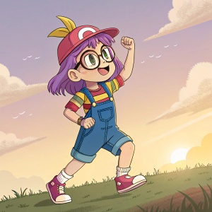 Arale Norimaki, the young and energetic character from Dr. Slump. She sports purple hair and a vibrant, multi-colored casual outfit. The scene is set against a serene, sunset sky with soft, golden hues.