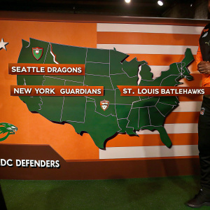 XFL league map graphic. Teams: Seattle Dragons, New York Guardians, St. Louis BattleHawks, DC Defenders. Patriotic theme, vibrant USA colors.