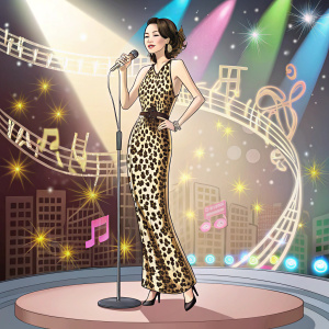 Karen Mok at the 2009 China Mobile Wireless Music Awards, dressed in a chic leopard print dress. Standing confidently on stage. Brightly lit, vibrant background with musical notes and color accents.