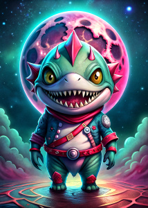  dorohedoro kawaii little  shark bull , body complete, background moon