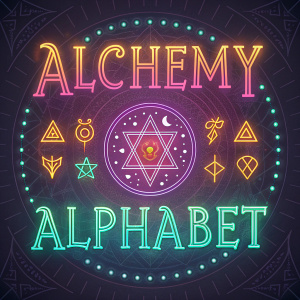 A fantasy-themed font design for Alchemy Alphabet, featuring Latin characters and numerals. Bright, neon background.