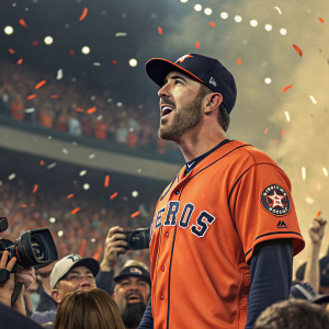 Justin Verlander, the ace pitcher, in a vibrant stadium. Wearing his Astros jersey. Fans cheering wildly. Background is crowded, chaotic, with flashing cameras