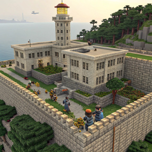 In a Minecraft world, an intricate stone wall surrounds Alcatraz prison. Players hide behind the walls, as part of the 'Escape from Alcatraz' theme in a cop and robbers game.