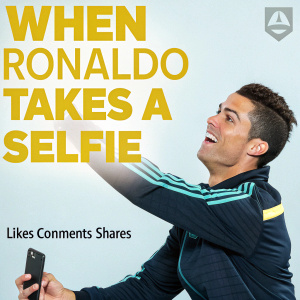 Cristiano Ronaldo in a hilarious meme. Bright yellow text overlay, light blue background. Caption reads 'When Ronaldo takes a selfie'. Social media interaction stats visible