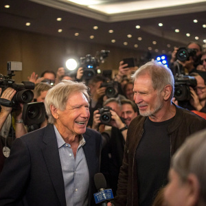 Harrison Ford and Jim Berkus at a bustling press conference. Swarms of photographers and fans in the background.