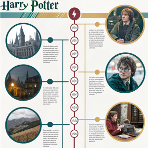 Infographic showcasing key scenes from the Harry Potter series. Linear timeline highlighting major plot points and runtime. Clean design with numbered segments.