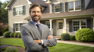 Confident American man real estate agent stands proudly outside a modern home, radiating expertise and approachability, ready to assist potential house buyers