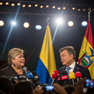 Erna Solberg and Juan Manuel Santos addressing a press conference. Bright stage lights illuminate them against a backdrop of Colombian and Ecuadorian flags. Crowded press area with microphones and reporters.