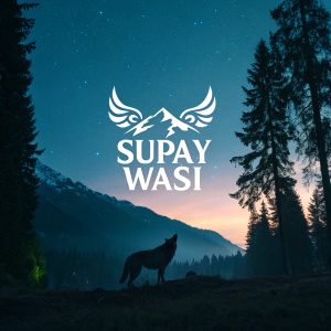 Digital illustration of Supay Wasi logo, set against a serene forest landscape at dusk. The logo features symmetrical wing-like shapes in white, floating above the brand name. Background showcases towering trees and a silhouette of a wolf, all in rich dark tones.