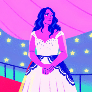 Katey Sagal at the Gotham Awards, wearing a black and white lace dress. Serious expression on a white background with subtle lighting.