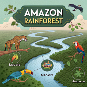 Interactive digital map highlighting diverse wildlife in the Amazon rainforest. Including jaguars, macaws, and anacondas.