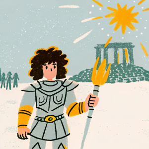 Tenma, from Saint Seiya series, standing in a mystical battlefield with celestial warriors in the background.