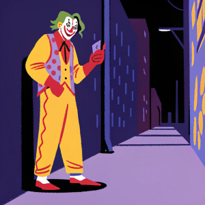 Joker, with a menacing grin, standing alone in a neon-lit alley at night.