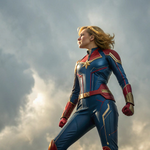 Captain Marvel, a powerful superhero, standing on a cloudy sky. Blonde hair, wearing a shiny, blue and gold suit. Bold stance, dynamic pose.
