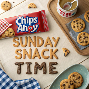 Creative advertising for Chips Ahoy cookies. The slogan 'Sunday Snack Time' written in miniature cookies. Featured next to an actual Chips Ahoy package.