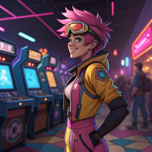 Tracer from Overwatch, with her iconic pink hair and visor. She stands in a bustling, colorful arcade scene.