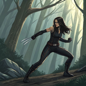 X-23, character from Marvel Comics, mid-battle stance, forest background, digital art