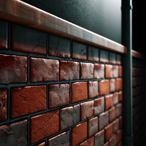 High-resolution 3D render of a favela brick wall. Irregular bricks in shades of red-brown. Visible cracks and mortar. Dark background