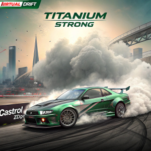 Digital illustration showcasing a virtual drift event featuring Castrol Edge. Sleek, sporty green car in a dramatic drift pose, creating a massive cloud of smoke. Blurred cityscape and hazy, futuristic elements fill the background. Top banner reads 'TITANIUM STRONG' and 'VIRTUAL DRIFT'.