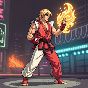 Ken Masters, the iconic Street Fighter character, depicted in a pixel art style. Blonde hair, athletic build. Dressed in a vibrant red and white gi. Standing confidently, holding a fiery Hadouken. The background is a neon-lit stage, with dark outlines adding depth.