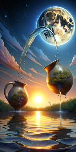 Crea una imagen de: Dos jarras vertiendo agua en un estanque tranquilo, con el sol y la luna reflejados, representando el equilibrio entre el trabajo y la vida personal. 64K. Cinematico. Realista. Finos detalles
