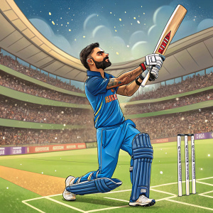 Virat Kohli, the dynamic Indian cricketer, striking a batting pose. He is dressed in his iconic blue jersey and protective gear. Surrounded by a bustling stadium crowd, the background showcases a vibrant cricket field.