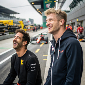 Daniel Ricciardo and Nico Hulkenberg laughing together. A candid photo taken in the pit lane of a racing track.