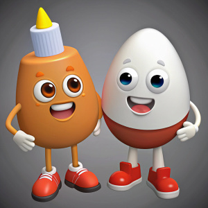 Dos amigos: un huevito cocido mostrando la yema hecho de peluche con una carita feliz y unos zapatitos y un bote de catsup con carita feliz y zapatitos