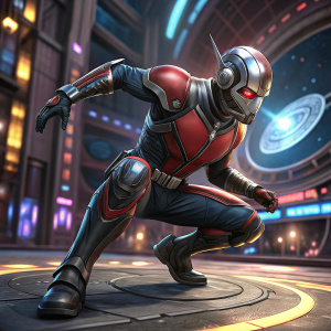 3D digital art of Ant-Man. Rendered for Marvel's Contest of Champions. Crouched stance. Vibrant promotional illustration