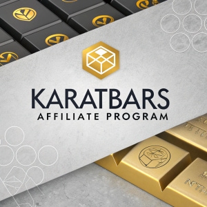 Affiliate program promotional image for Karatbars, showcasing sleek, contemporary design. Gray, gold, and black palette. Logos and icons highlighting program benefits.