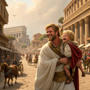 Chris Hemsworth carrying a laughing child through a vibrant marketplace. Ancient Rome setting, filled with detailed architecture, bustling crowds, and horses pulling carriages. Hemsworth wears a white toga and the child is dressed in elaborate robes