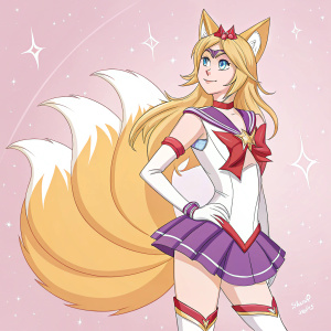 Star Guardian Ahri, digital artwork. Anime-inspired character, youthful and confident. Blonde hair, white and purple outfit with red accents. Soft pink background with starry effects. Fox-like tail visible.