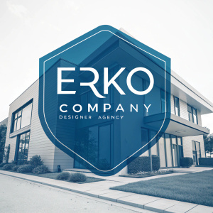 Modern logo design for Erko Company. Bold, vibrant blue with sleek typography. Brand name centered, designer and agency details below.
