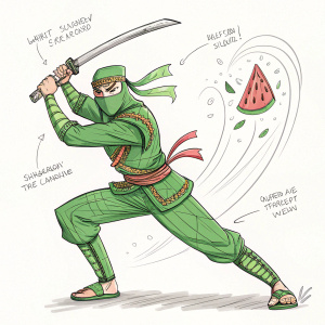 Cartoony sketch of Fruit Ninja character, dynamic slicing action pose, detailed lines, annotations describing vibrant green ninja outfit and contorted slicing action