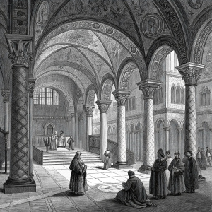 Woodcut illustration of Coronation Hall, Aachen Town Hall. Alfred Rethel, 1881. Medieval figures in various poses, some kneeling, others standing. Detailed setting with arches and columns. Black and white engraving showcasing historical architecture and context.
