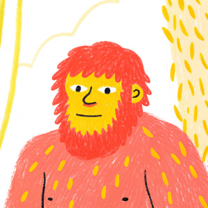 Primitive portrait of a neanderthal-like figure with a rugged appearance. The individual sports a thick, unkempt beard and prominent brow ridge. Rendered in earthy tones with hand-painted textures, resembling ancient cave art.