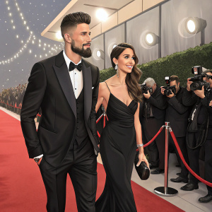 Olivier Giroud and Jennifer Giroud, dressed in black suit and elegant gown, attending the annual global gift gala. Red carpet scene