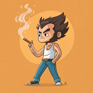 Chibi style illustration of Wolverine, Logan. Wearing white tank top, blue jeans, casual sneakers. Warm orange background. Smoke from cigar-like object.