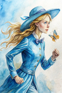 Fleur Delacour running. blue hat, uniform. butterfly. Close-up. Illustration

Ink, water painting, coloured pencil. Superdetailed