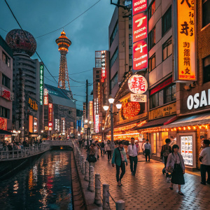 Dotonbori street in Osaka, Japan, glowing under the vibrant lights of neon signs. The scene is a mix of locals and tourists, young and old, all bustling about in the lively night atmosphere. Ornate buildings stand tall, casting colorful reflections on the busy street.