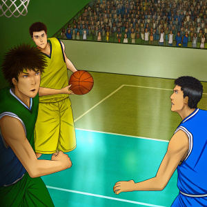 A dynamic color panel from Slam Dunk manga. Depicting a scene with several young basketball players, each with distinct facial expressions and body language. Emotions and actions are vividly detailed, contributing to the narrative.