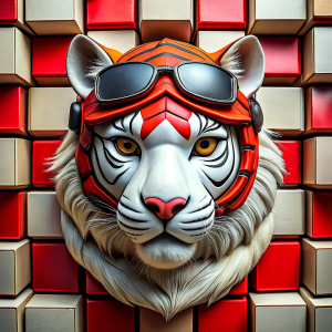 
anime tiger, left profile, block background, a ninja, centered, highly detailed, 3D, red and white colors, sweet, cyber glasses, trader helmet, crypto