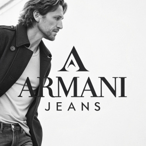Clean, modern logo for Armani Jeans. The logo features an elegant 'A' intertwined with the brand name in a sophisticated, serif font. The design is in black and white, emphasizing simplicity and style.