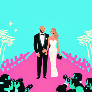 Jason Statham and Rosie Huntington-Whiteley at the Cannes Film Festival. He's in a black tuxedo, she's in a sparkling white gown. Crowded red carpet, flashing cameras